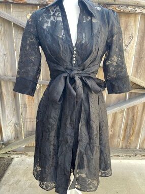 Donna Ricco Collection Black Sheer Lace Wrap Dress with Tie Waist Size 2